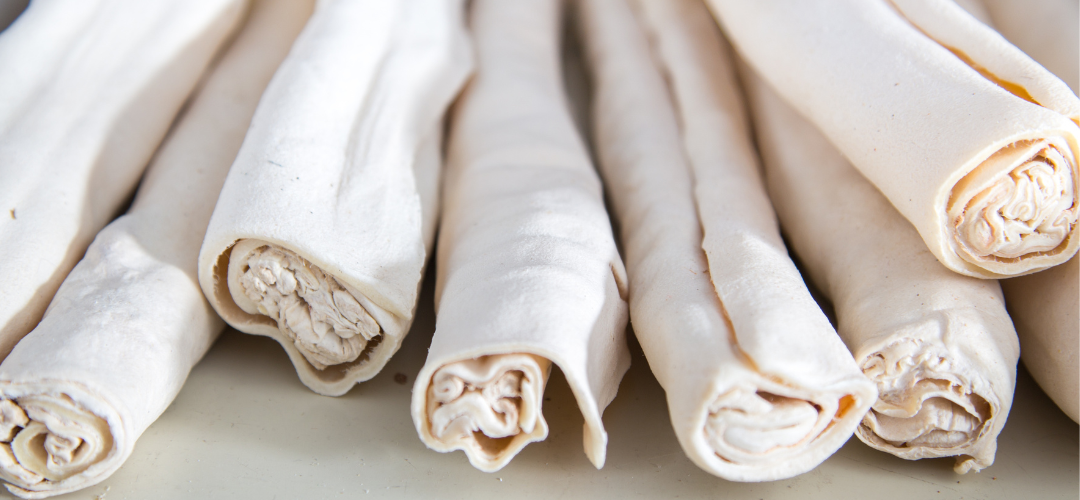 dog playing with rawhide treat chewing on treat in mouth