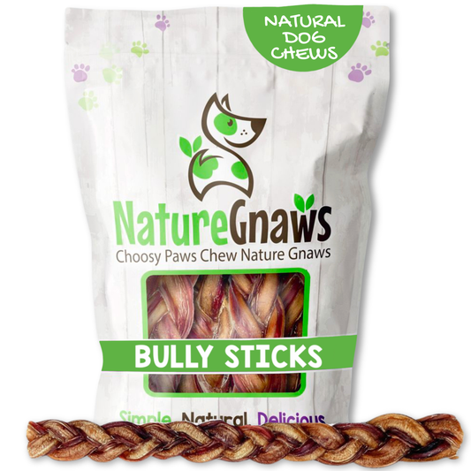 Nature Gnaws Best Beef Bully Sticks, braided, long-lasting entertainment.