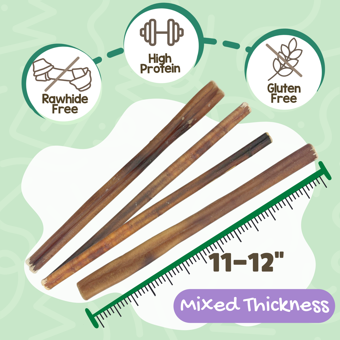 Mixed Thickness Bully Sticks 11-12" Long Lasting Dental Chews