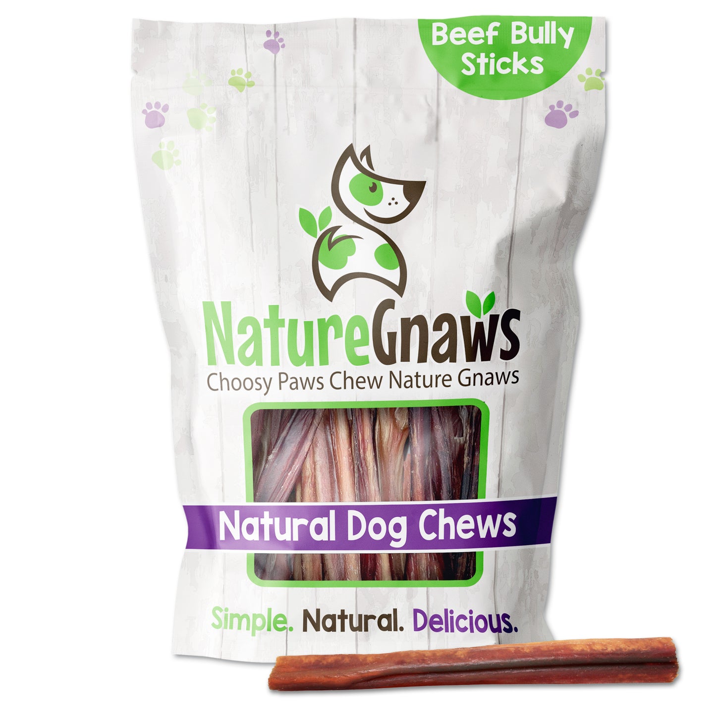 Large Bully Sticks front of bag with 6" bully stick in front 