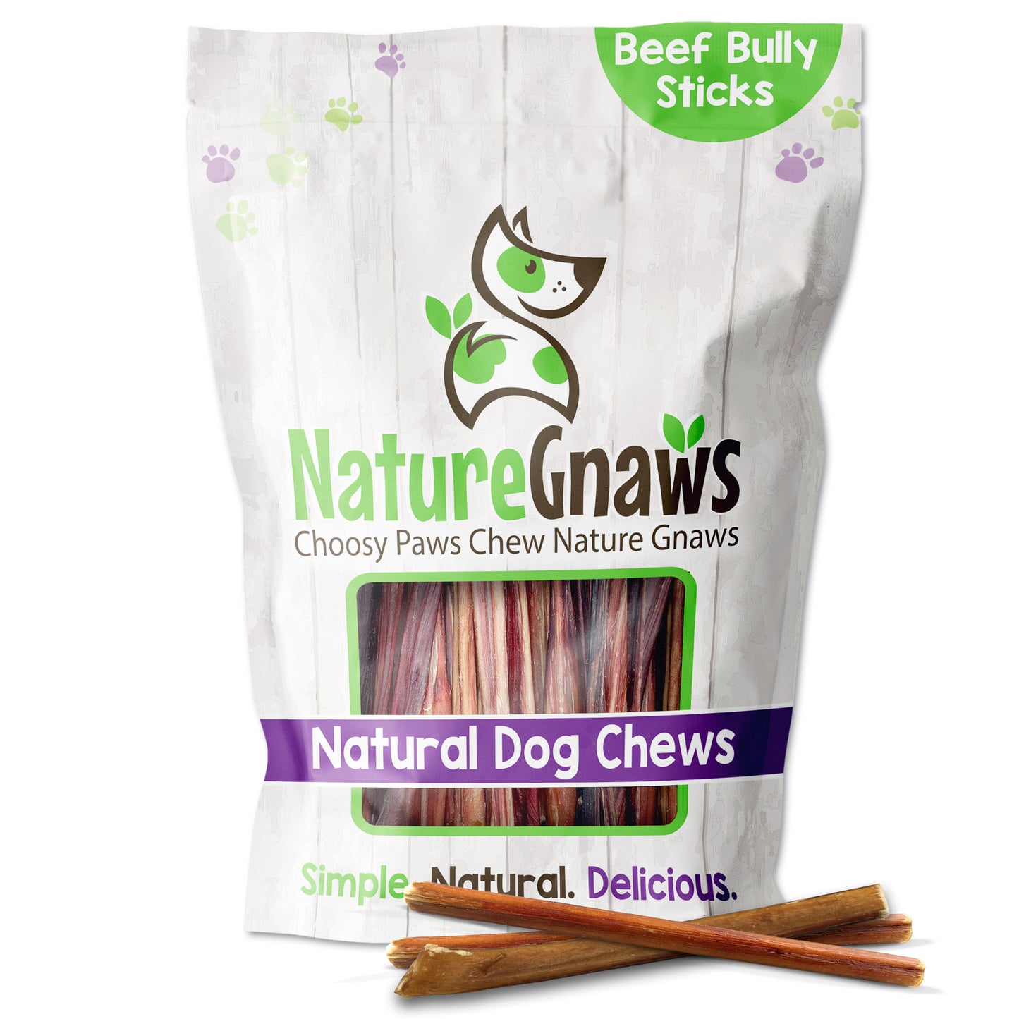Extra thin bully sticks 6" front of bag with product in front