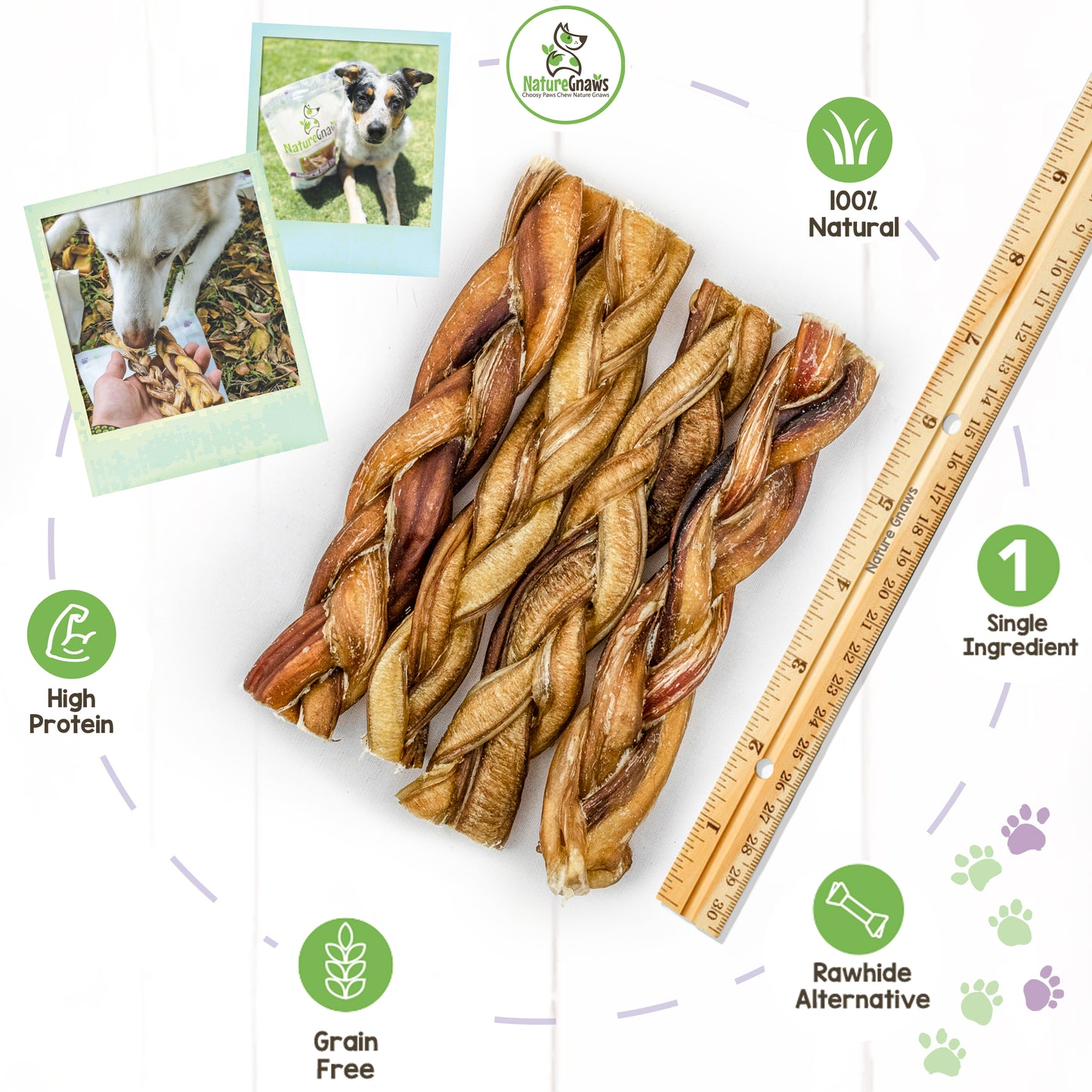 a pile of 4 braided bully sticks next to ruler for perspective, green benefits icons and 2 polaroid images of dogs with braided bully sticks beside them in a Nature Gnaws bag