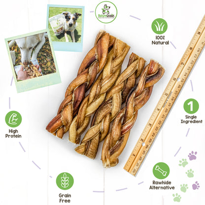 a pile of 4 braided bully sticks next to ruler for perspective, green benefits icons and 2 polaroid images of dogs with braided bully sticks beside them in a Nature Gnaws bag