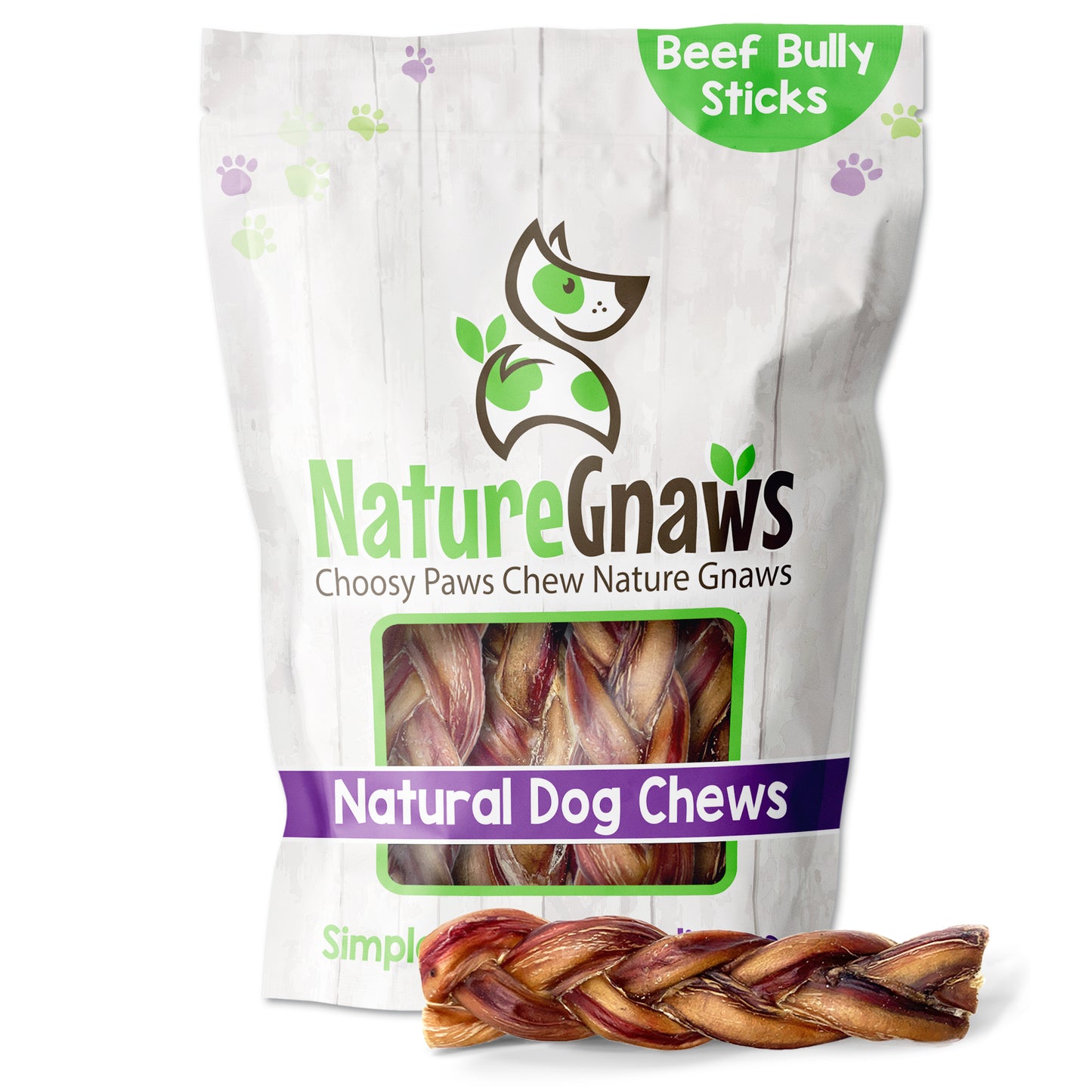 Braided bully sticks 6" front of bag with product in front - Nature Gnaws