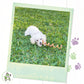 small white dog on the grass with bully stick spring in its mouth