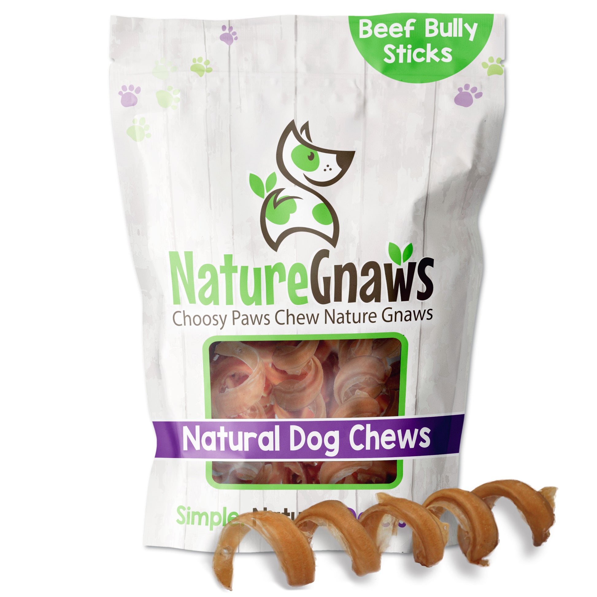 Bully Stick Springs front of bag with product in front - Nature Gnaws