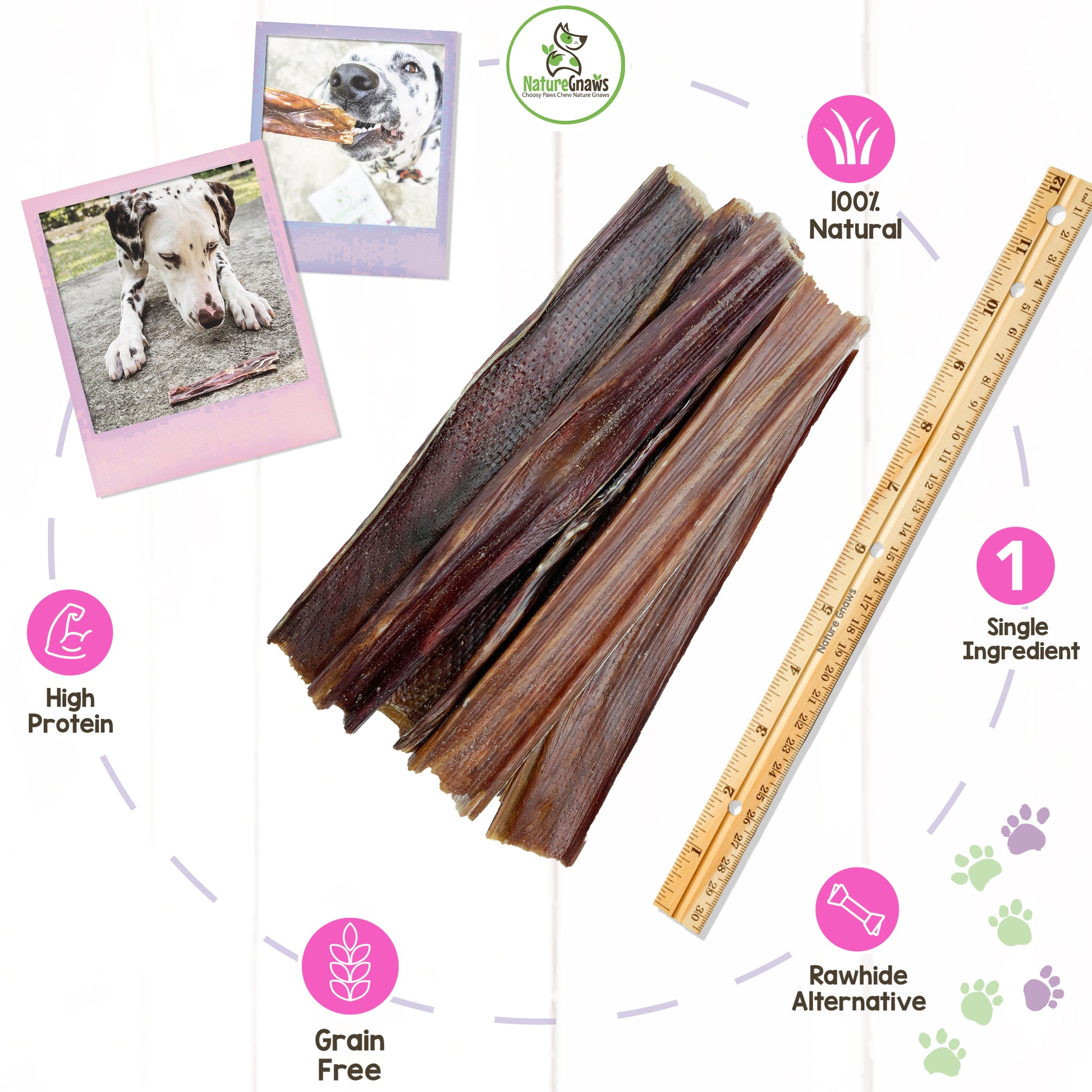 pile of large beef jerky chews with ruler next to it for perspective and pink benefits icons. 2 polaroid images f dogs with jerky chews.
