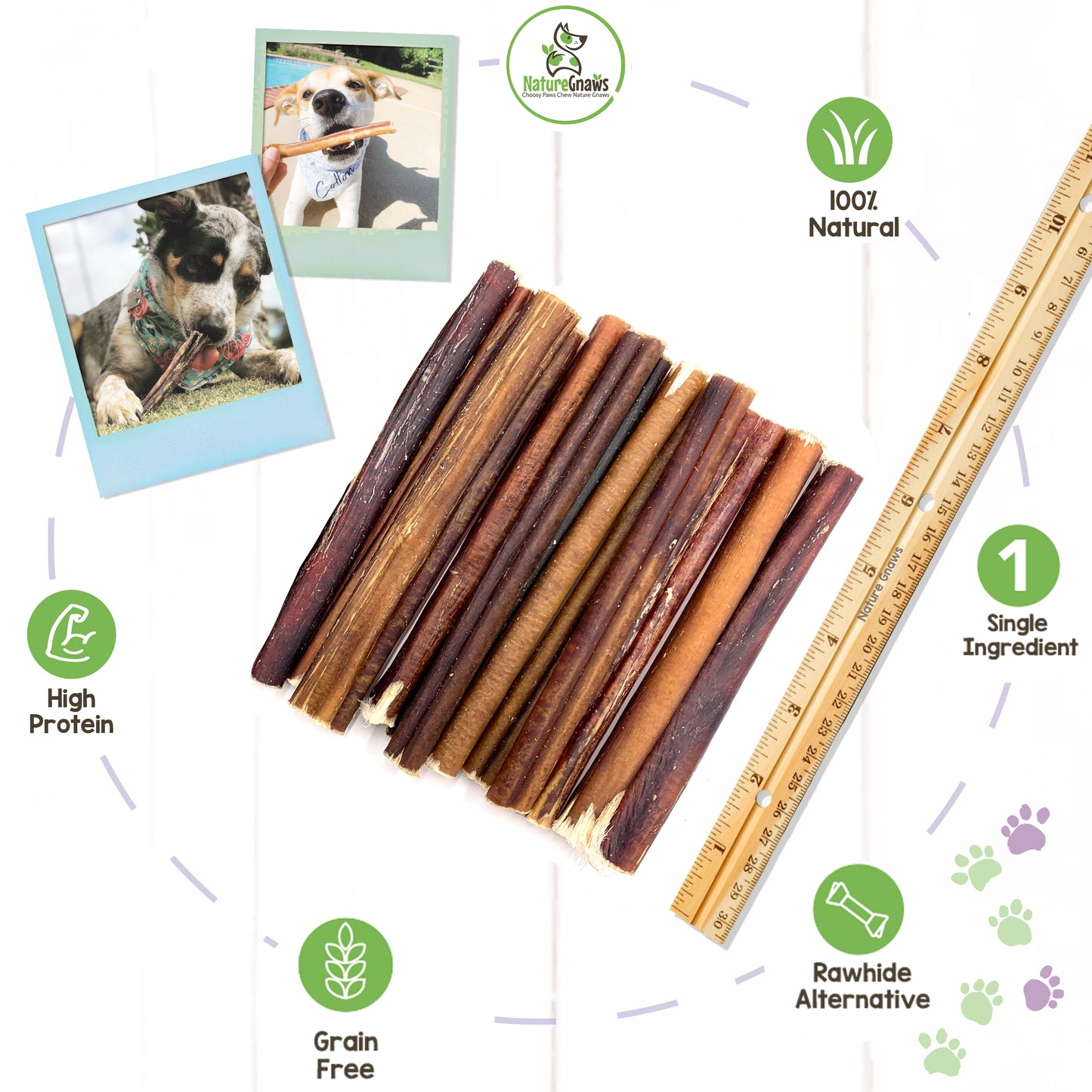 pile of 6" large bully sticks beside ruler, green benefits icons and 2 polaroids of large dogs chewing on large bully sticks