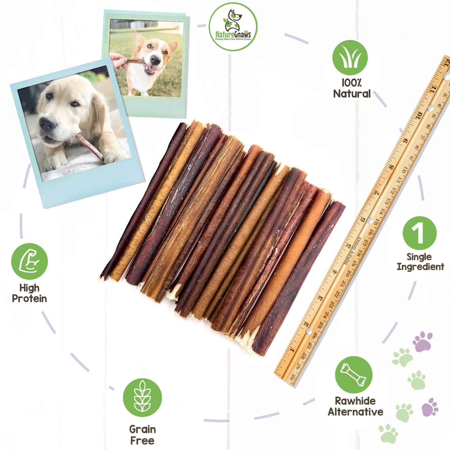 pile of 6" small bully sticks beside ruler, green benefits icons and 2 polaroids with small dogs chewing on bully sticks