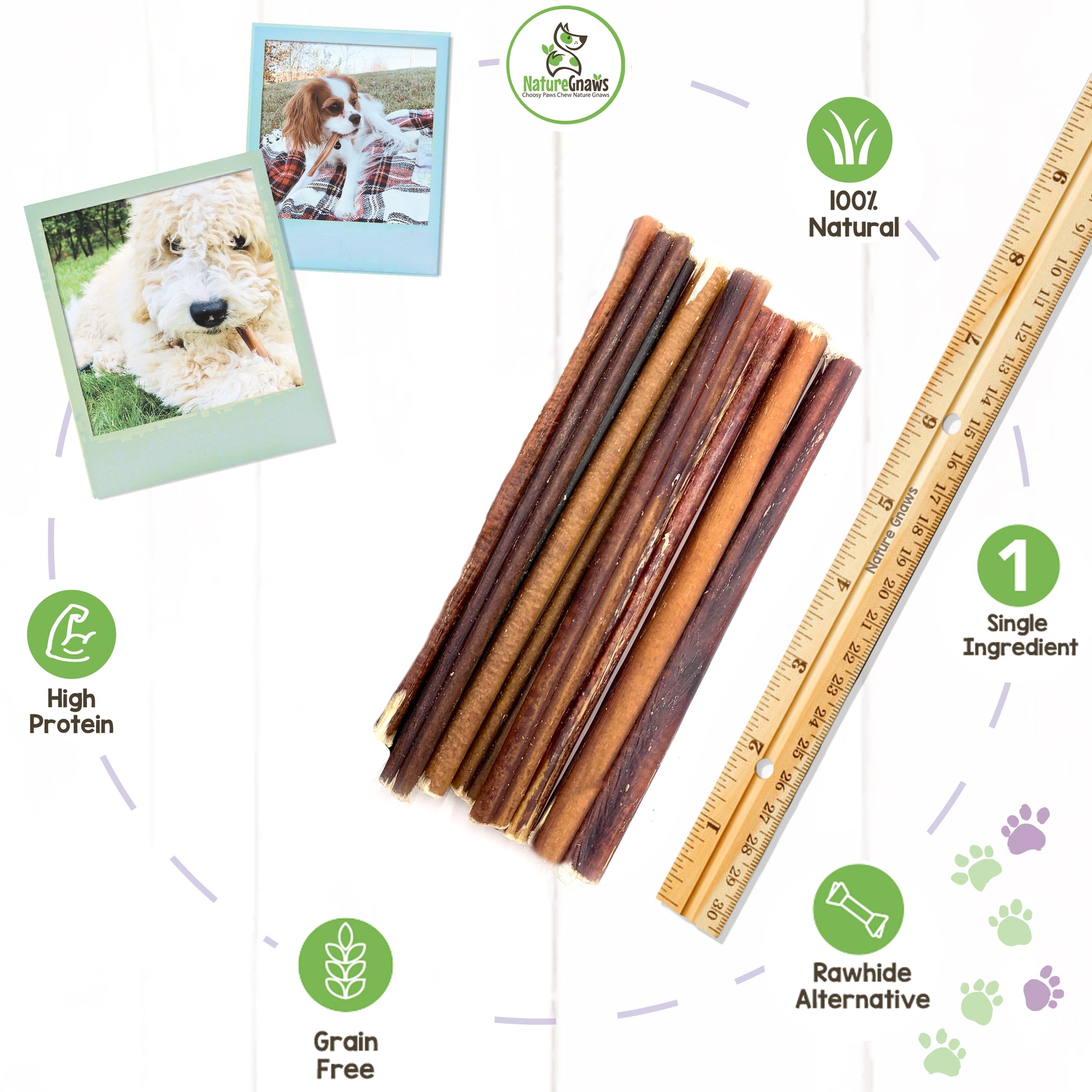 pile of 6" extra thin bully sticks next to ruler with green benefits icons and 2 polaroid images of small dogs with extra thin bully sticks in their mouths