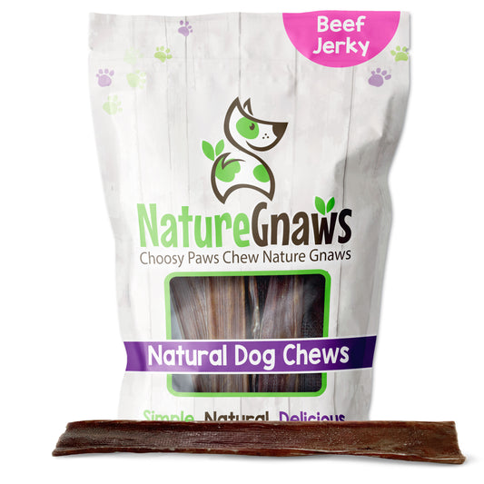 Large beef jerky chews front of bag with product in front